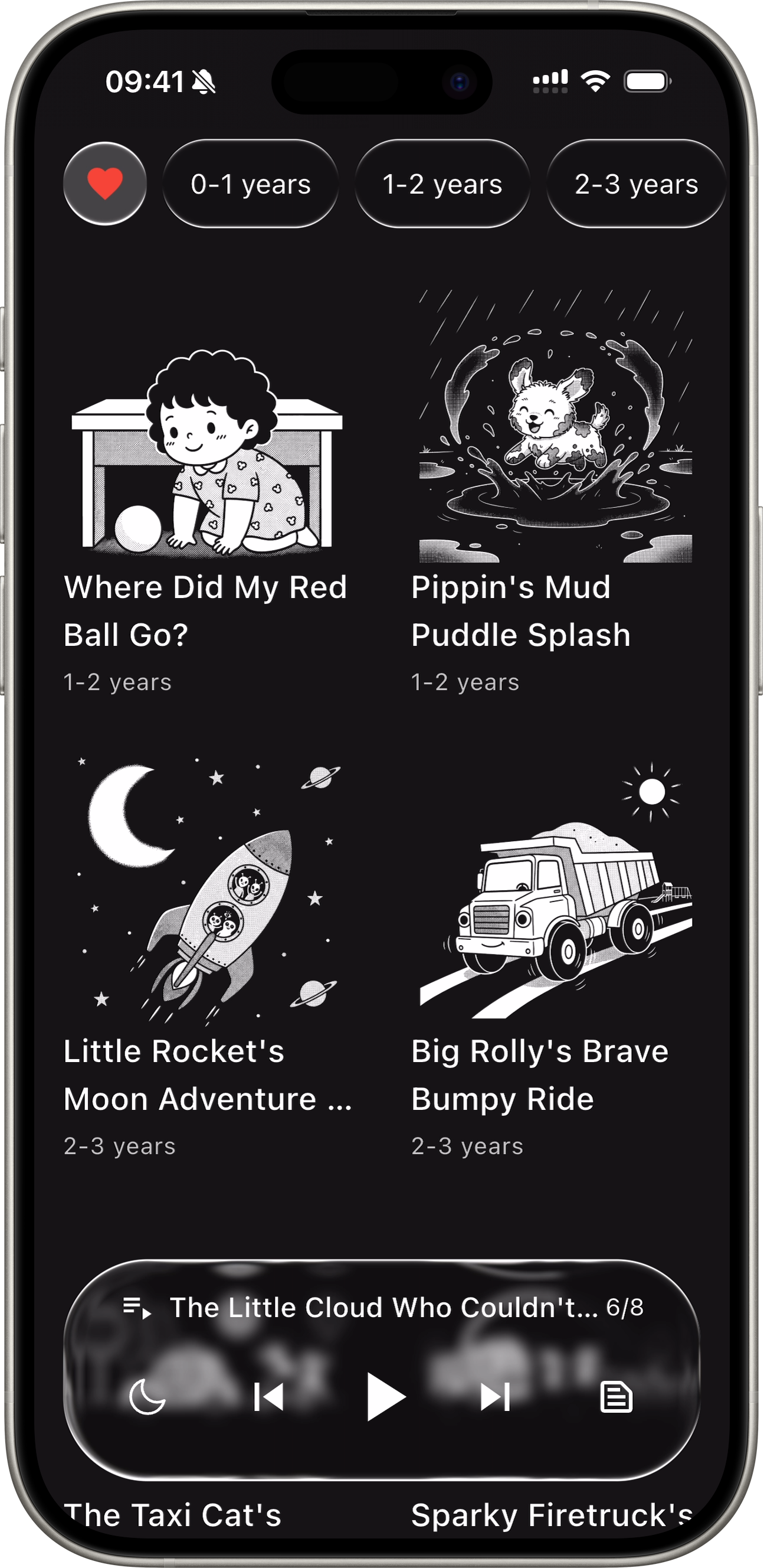 Lulululu app on mobile, showing a grid of bedtime story tiles
